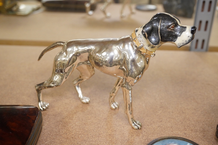 An enamelled silver plated model of a hound, tortoiseshell cigar case and watercolour miniature of a lady, largest 14cm wide. Condition - fair to good